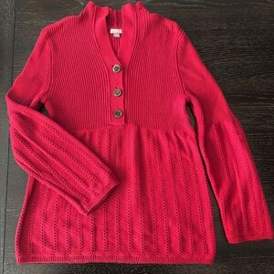 J. Jill Red Knit V-Neck Sweater Balloon Bell Sleeves Button Front‎